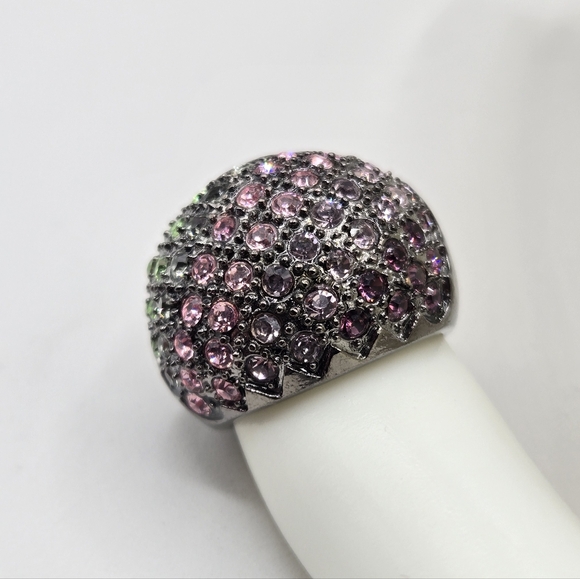 Swarovski Crystal Elements Gunmetal Statement Ring Pink Green Size 7 Prom - Picture 6 of 10